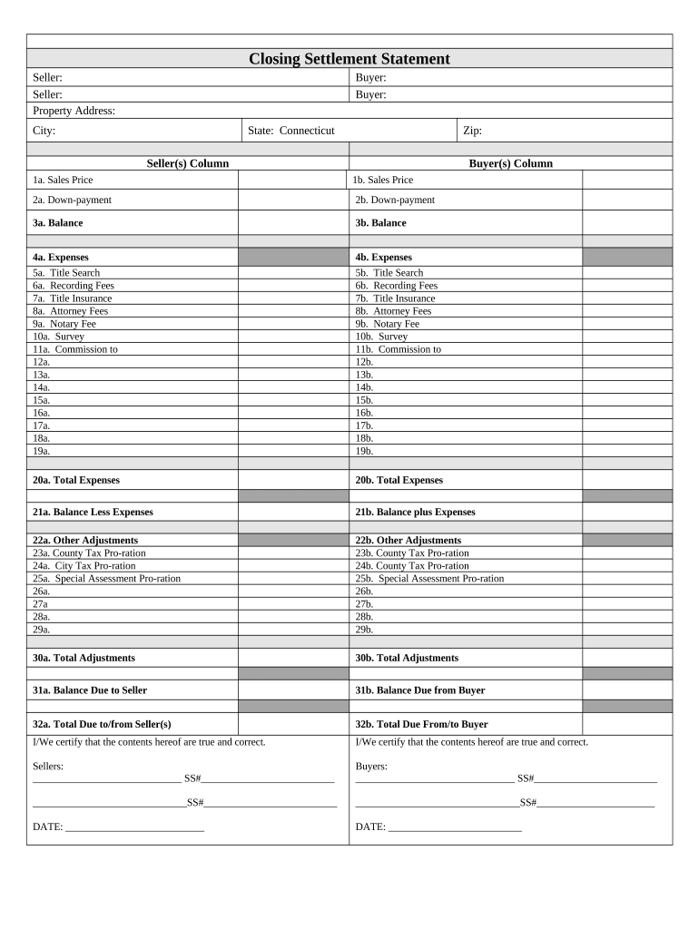 Connecticut real estate closing settlement statement form showing seller and buyer columns, sales price, expenses, tax prorations, and balance due sections