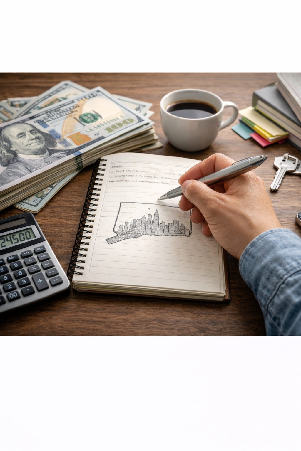 Person studying for the Connecticut real estate license at a desk with notes, calculator, coffee, and planning materials.