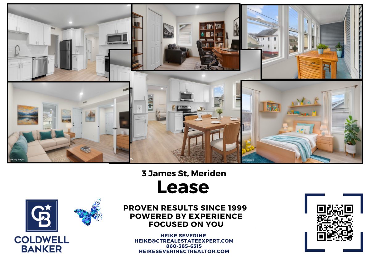 Renovated 2 bedroom apartment with office for rent at 3 James Street in Meriden CT featuring modern kitchen, living room, bedroom, and enclosed front porch.