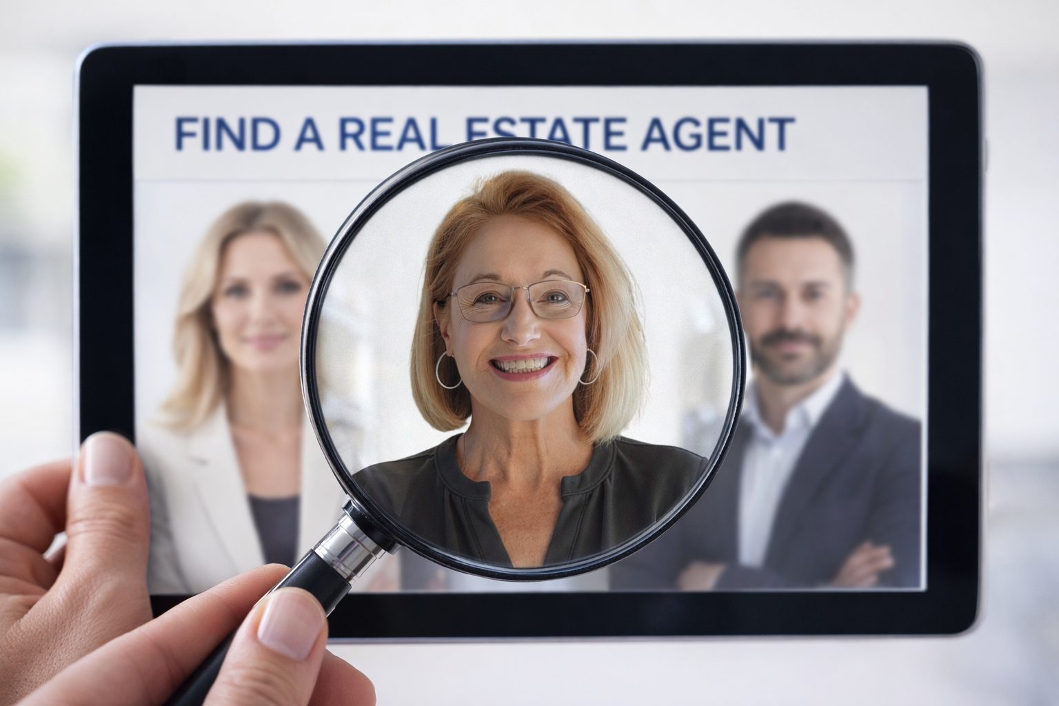 Magnifying glass highlighting a smiling female real estate agent on a tablet screen with the words “Find a Real Estate Agent” in the background.