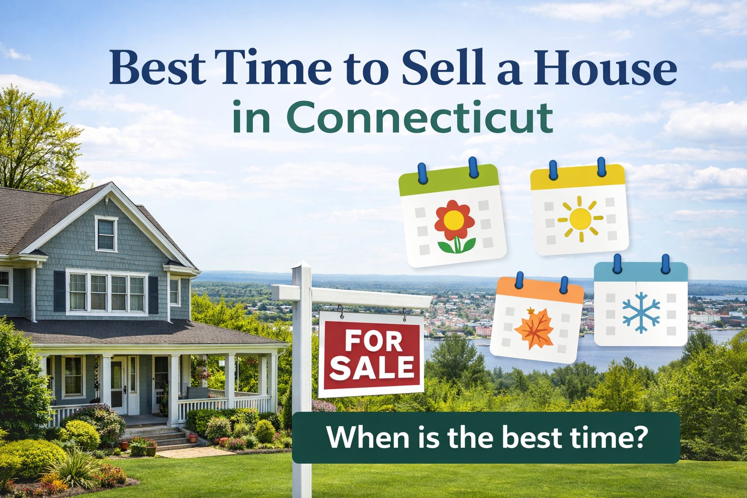 Best time to sell a house in Connecticut concept showing a New England home with a for sale sign and seasonal calendar icons.