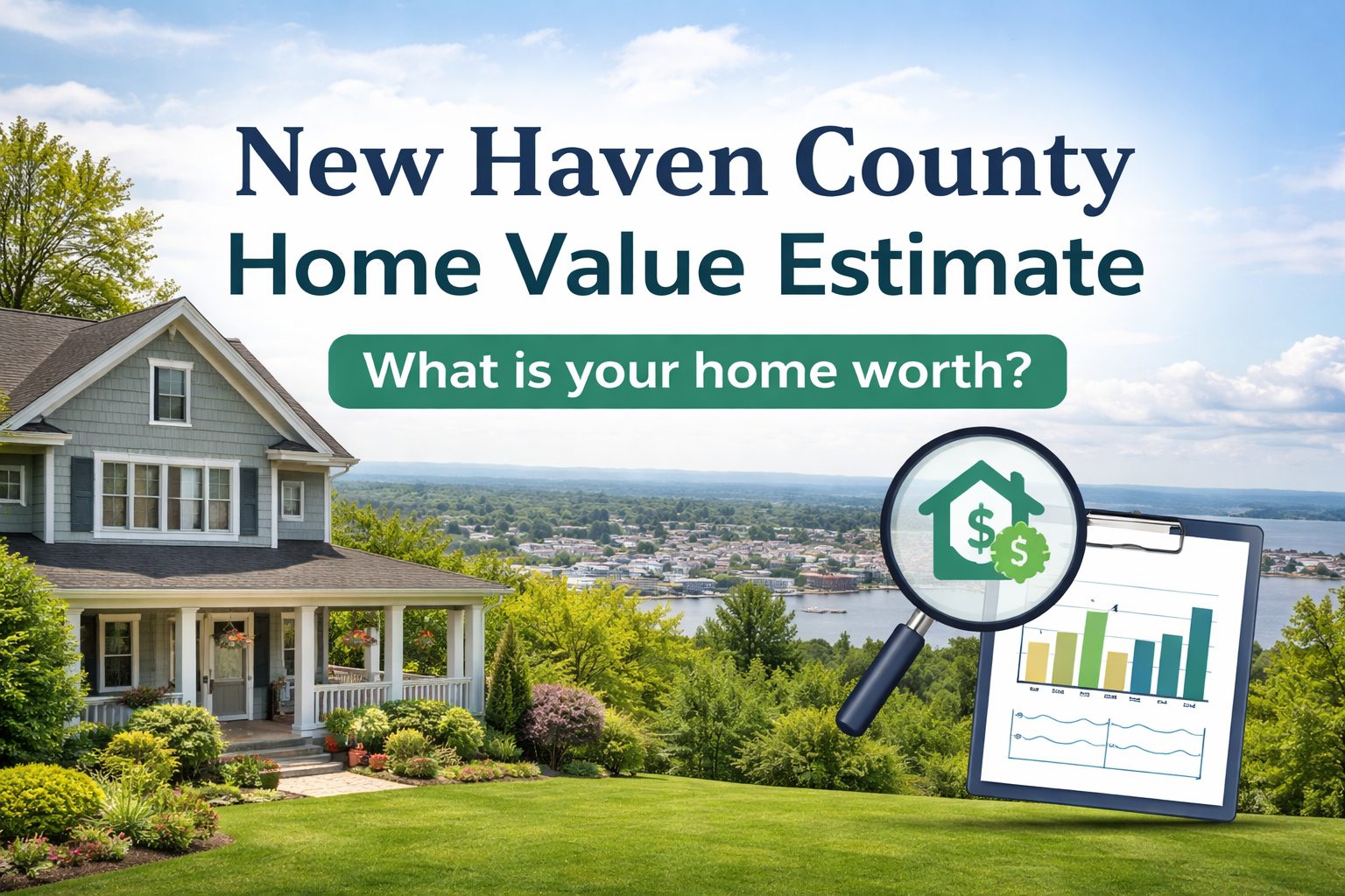 New Haven County home value estimate concept featuring a New England-style house with a pricing analysis graphic.