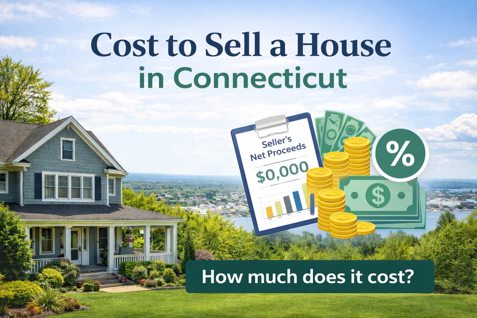 Cost to sell a house in Connecticut illustration showing a New England home with financial icons representing commissions, fees, and seller costs.