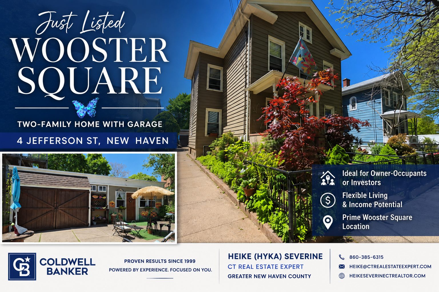 Exterior view of a two-family Wooster Square home at 4 Jefferson Street in New Haven, Connecticut, featuring landscaped front gardens, a detached garage, and outdoor patio space under a bright blue sky.