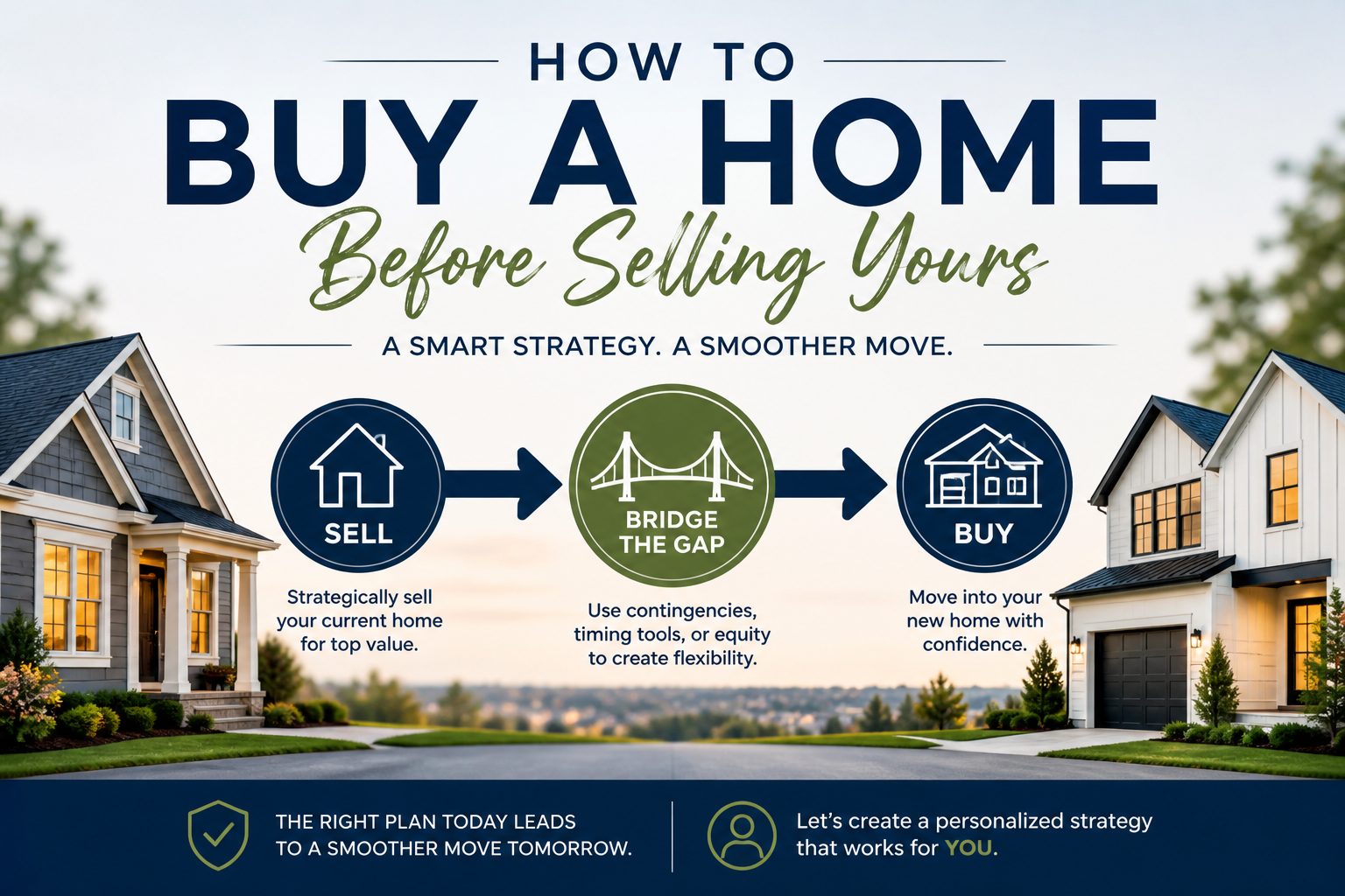 How to buy a home before selling yours strategy infographic showing sell, bridge the gap, and buy process