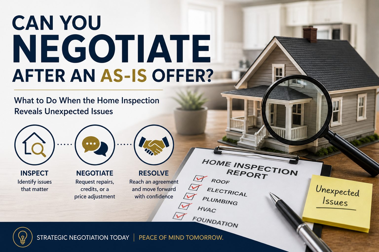 can you negotiate after an as-is offer home inspection infographic showing inspection, negotiation, and resolution process