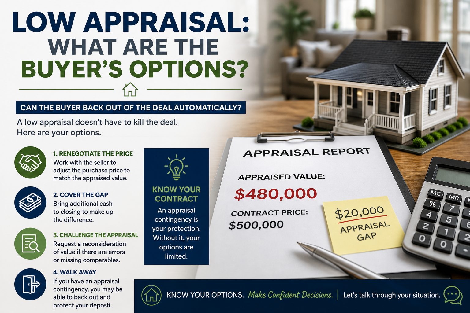 low appraisal what are the buyer’s options infographic showing renegotiate, cover the gap, challenge appraisal, or walk away