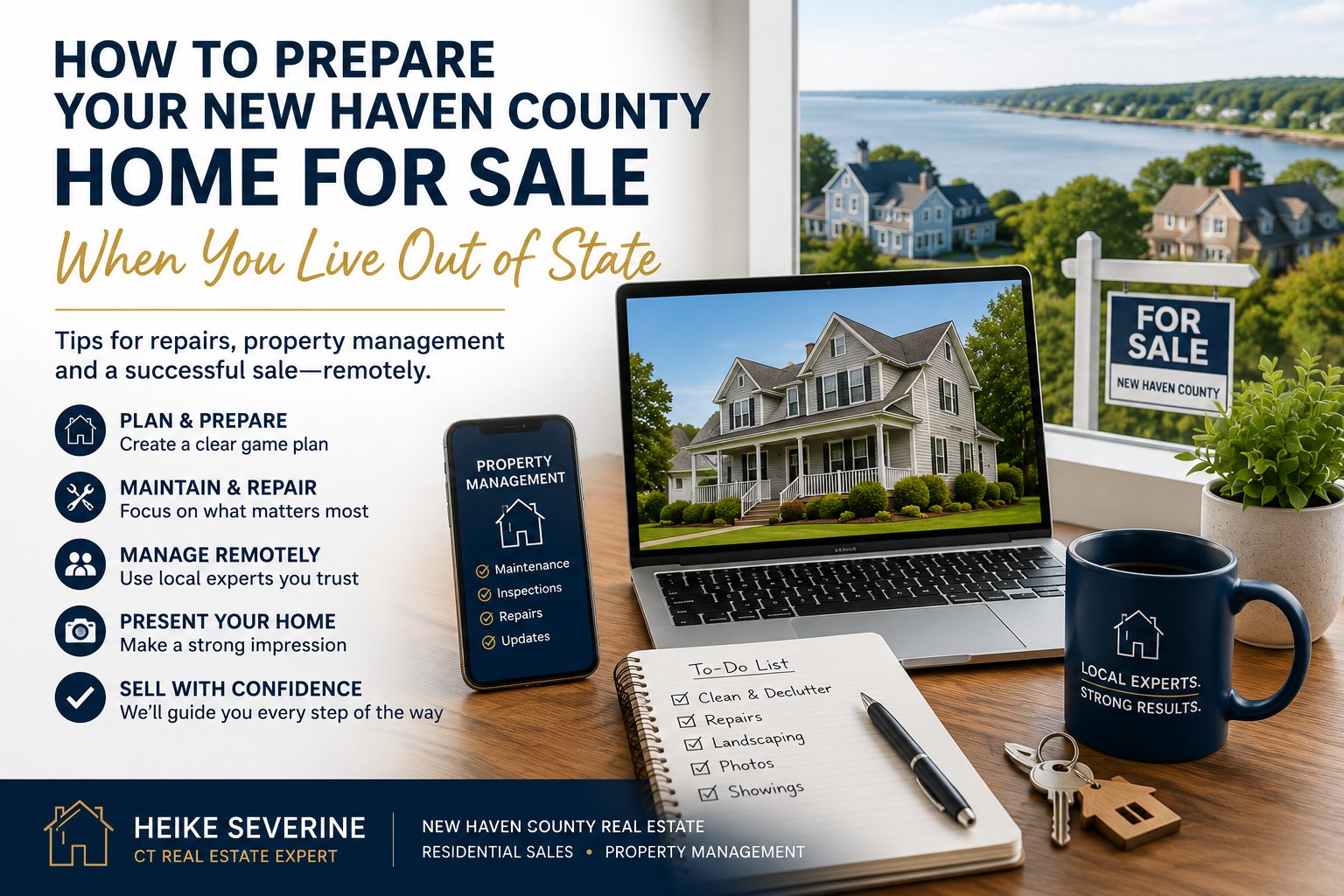 Out-of-state homeowner preparing a New Haven County property for sale using remote property management and local real estate support