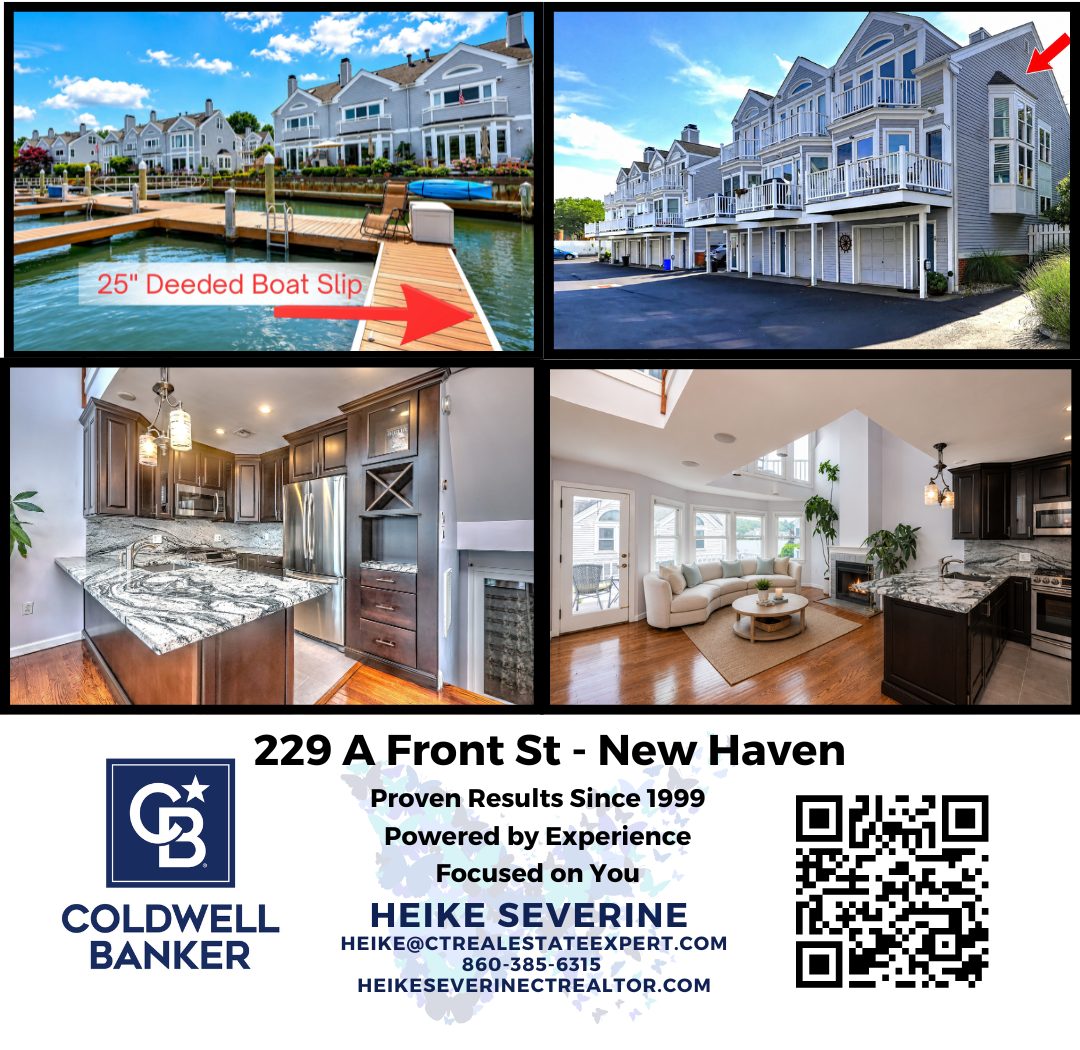 Collage of waterfront townhouse condo at 229A Front Street in New Haven, CT featuring a private 25-foot deeded boat slip, updated kitchen, vaulted living room, and water views.