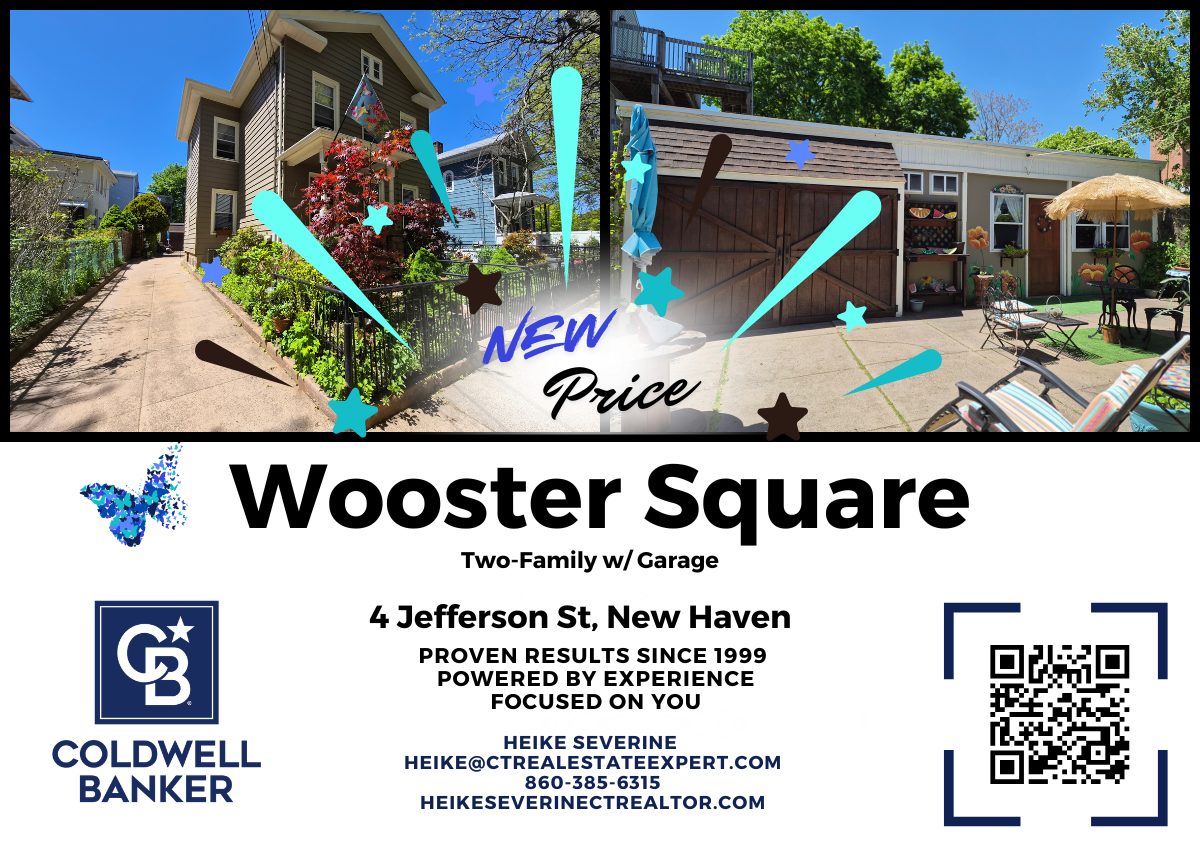 New price on 4 Jefferson Street in Wooster Square, New Haven, CT. Two-family home with detached garage, private patio, and off-street parking near Yale University and downtown New Haven, now offered at $575,000.
