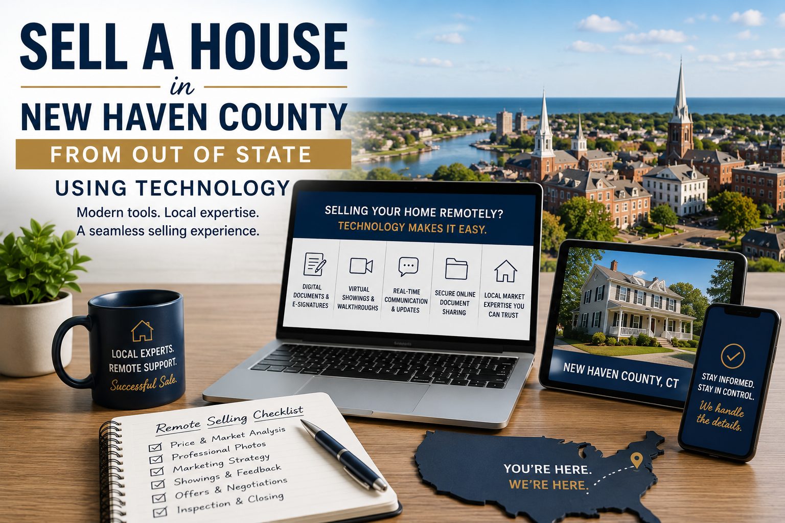 Out-of-state homeowner using technology to sell a house in New Haven County with remote communication, digital tools, and local real estate support