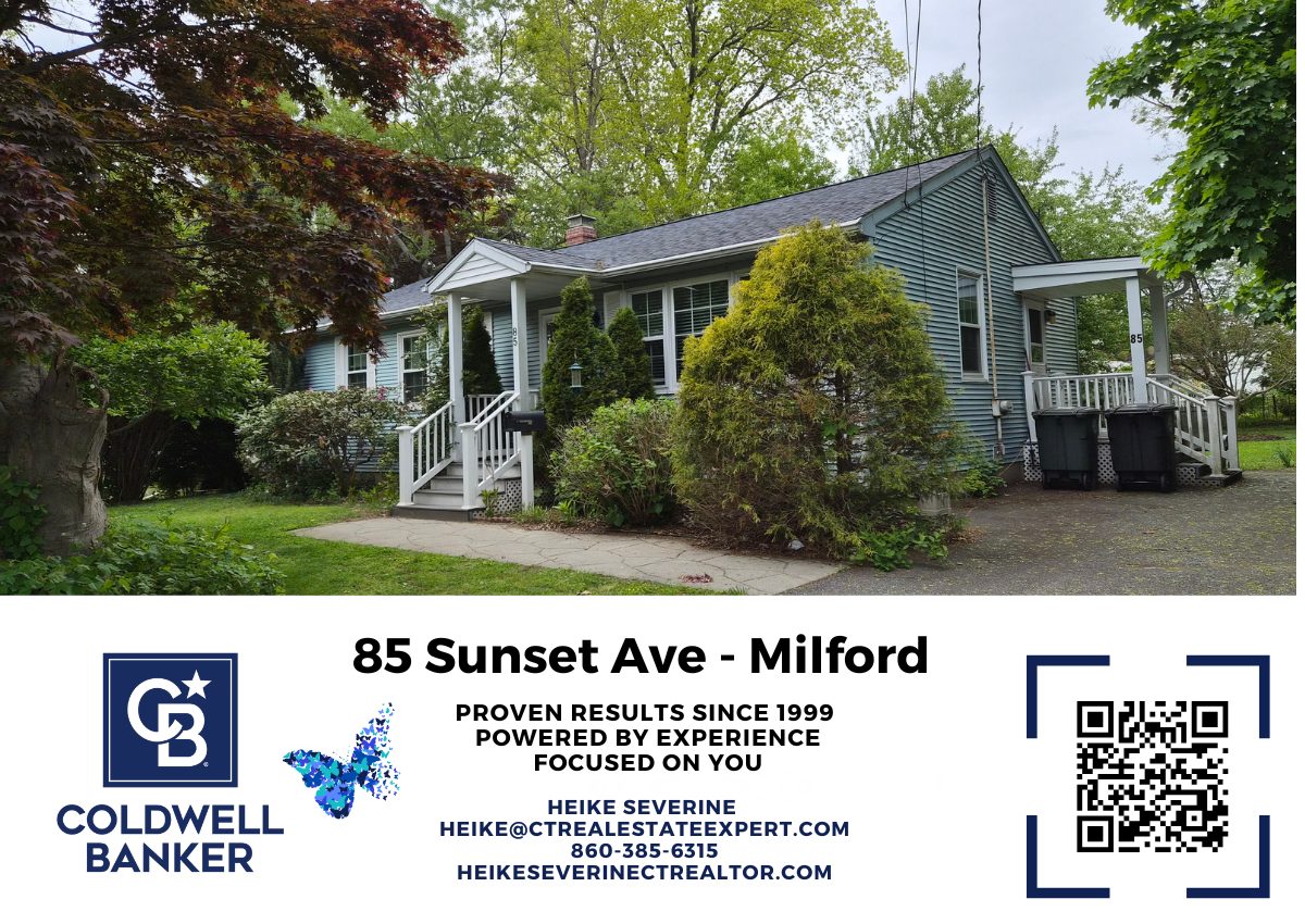 Exterior view of Milford ranch home at 85 Sunset Ave featuring updated siding and landscaped front entrance