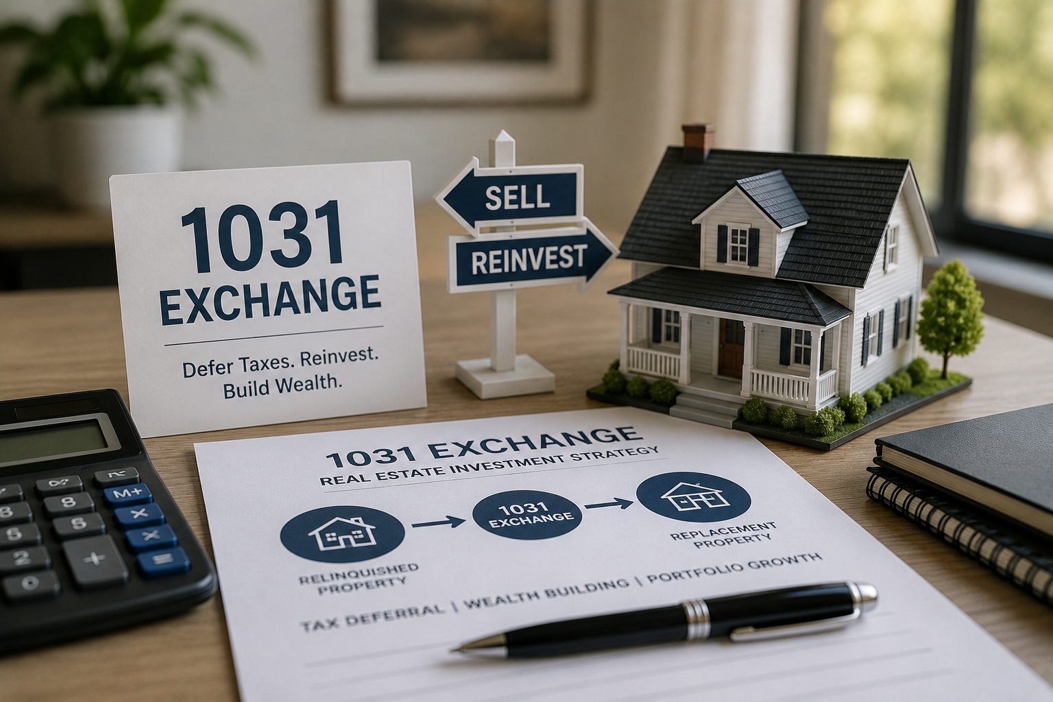 Model home, calculator, investment documents, and 1031 exchange materials representing tax-deferred real estate investment transactions.