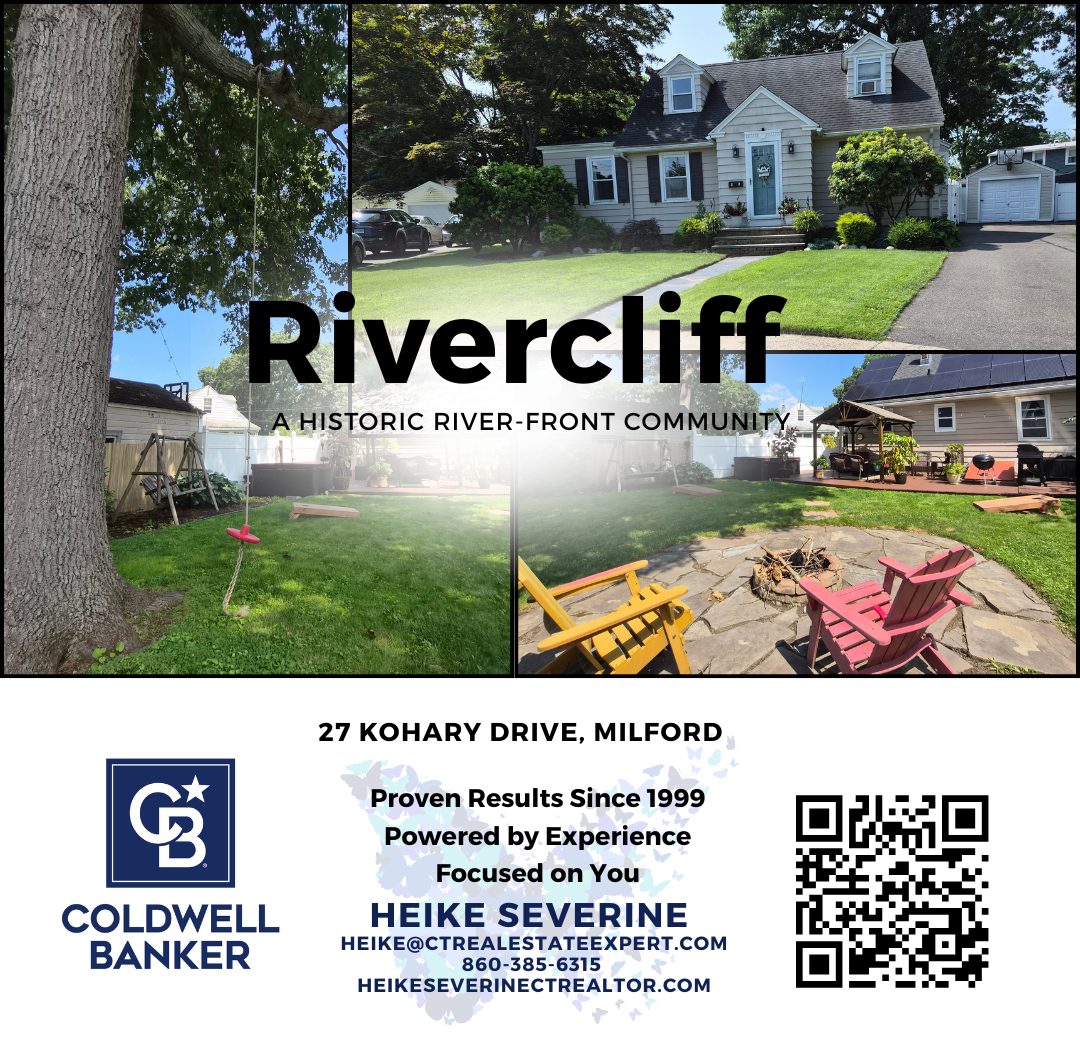 27 Kohary Drive in Milford CT's Rivercliff Community featuring a charming Cape Cod home with a spacious backyard and outdoor entertaining area.