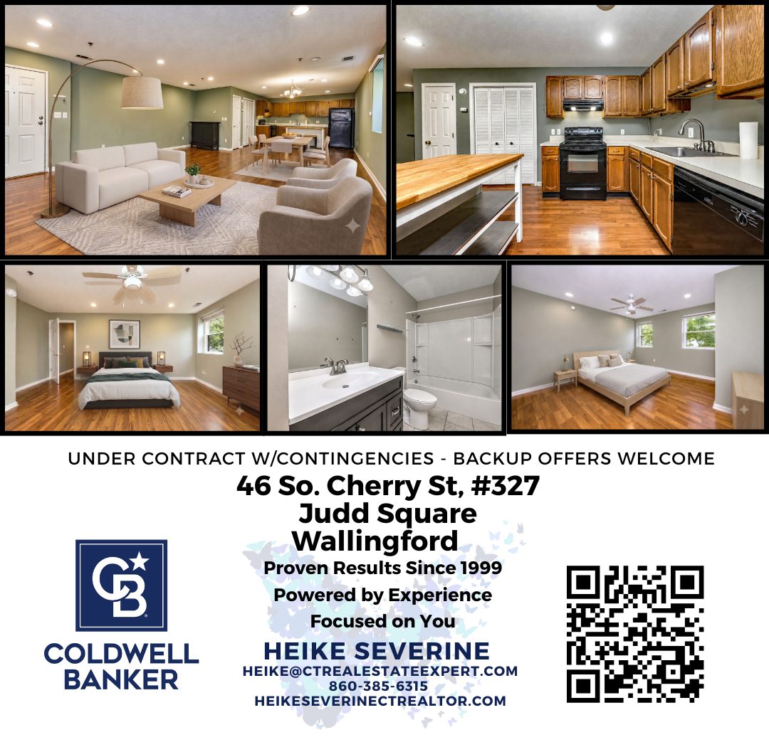 Marketing graphic for **46 South Cherry Street, Unit 327, Judd Square, Wallingford, CT**, showing multiple interior photos of a ranch-style condo, including the open living and dining area, kitchen, two bedrooms, and bathroom. Text reads "Under Contract with Contingencies – Backup Offers Welcome" and highlights the condo's location near the Wallingford train station and downtown Wallingford, with a QR code for additional property information.