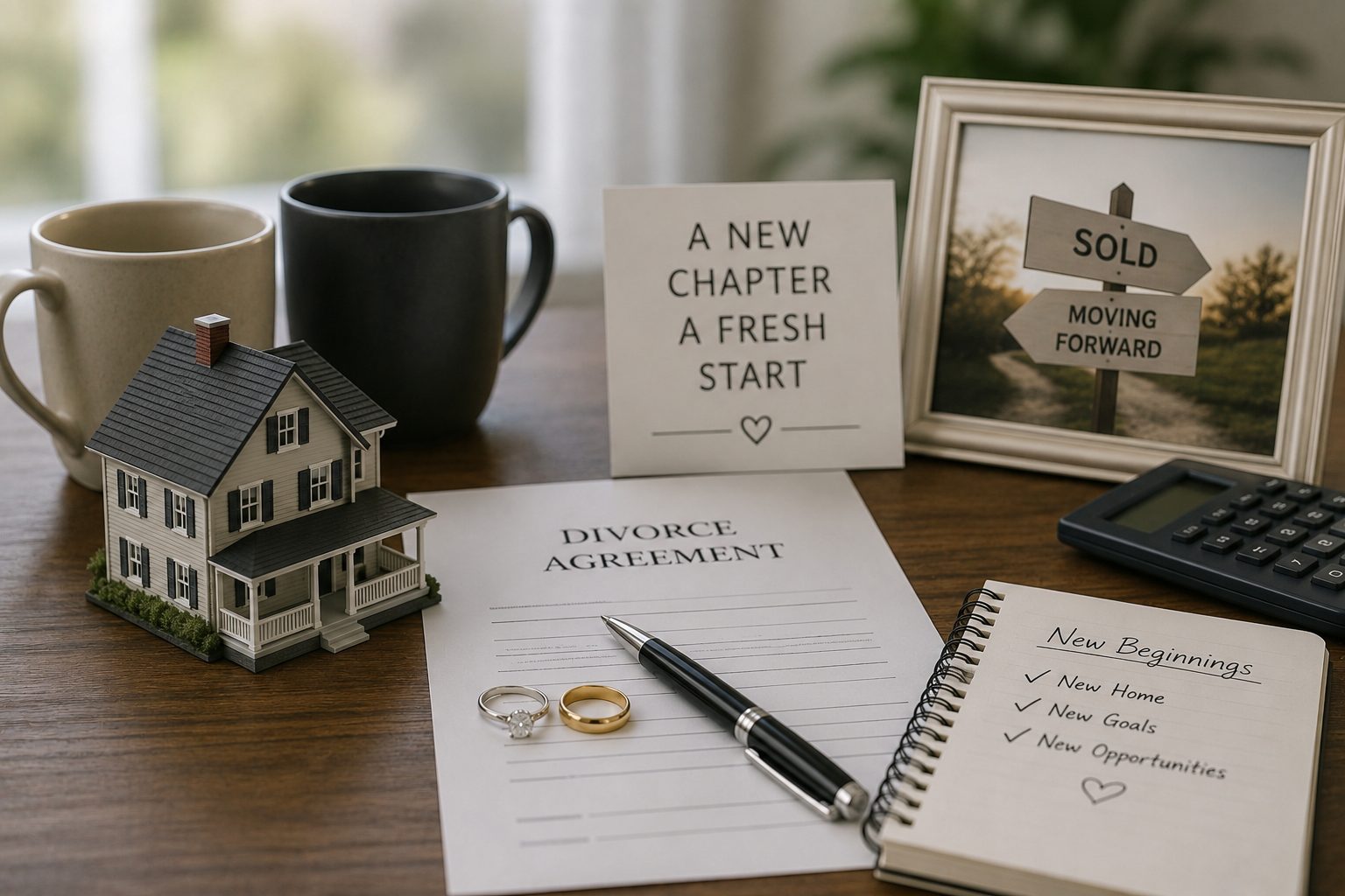House model, divorce agreement, wedding rings, and planning documents representing divorce-related home sales and real estate transitions.