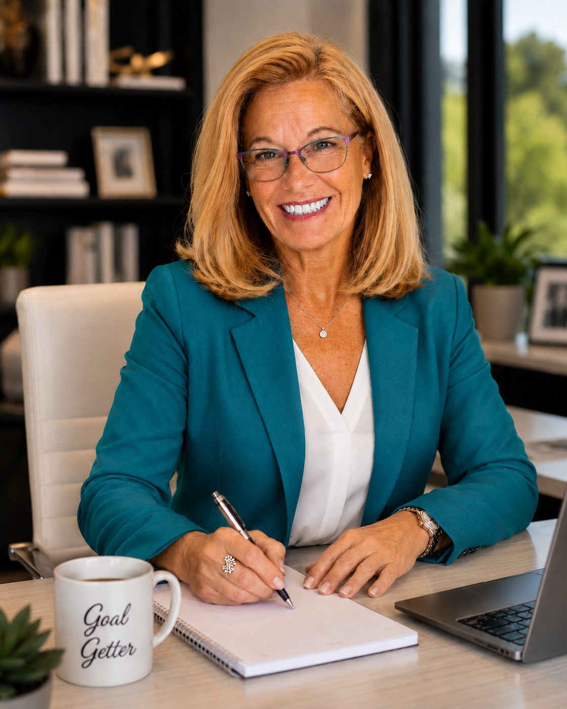 Heike Severine, a Connecticut Realtor, sits at her desk in a modern office, smiling while taking notes beside a laptop and a "Goal Getter" coffee mug, ready to help clients buy or sell a home.