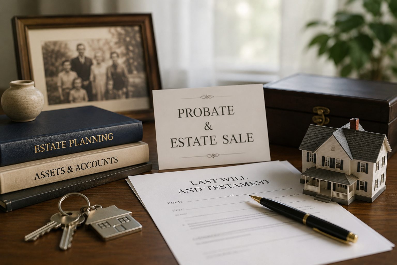 Estate planning documents, house keys, a model home, and family keepsakes representing probate and estate property sales in Connecticut.
