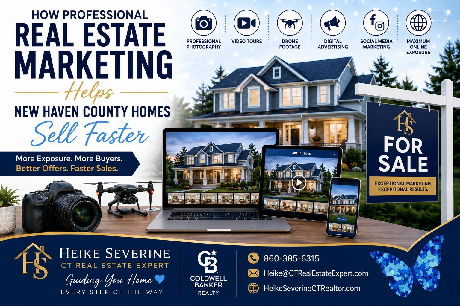 Professional real estate marketing tools used to sell homes in New Haven County, including photography, digital advertising, and online property exposure.