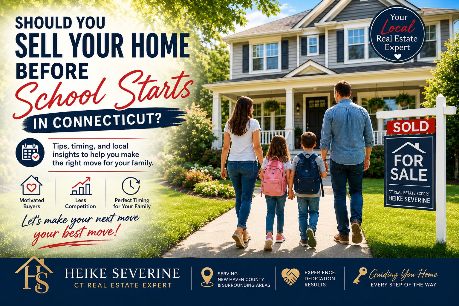 Family walking toward a Connecticut home with a sold sign, illustrating why selling your home before school starts can help attract motivated buyers in New Haven County.