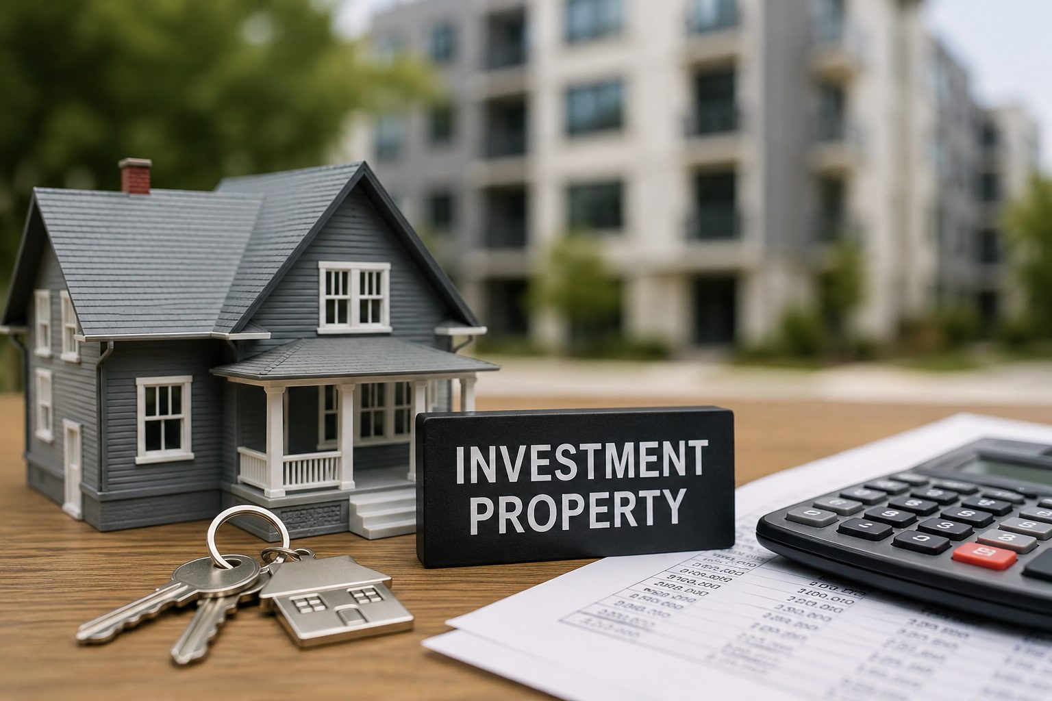 Model home with house keys, calculator, and financial documents representing landlord services and real estate investment properties