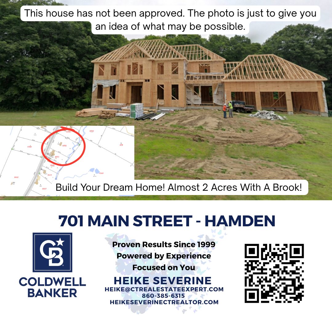 701 Main Street Hamden CT land for sale, nearly two-acre homesite with brook and conceptual example of a possible new home.