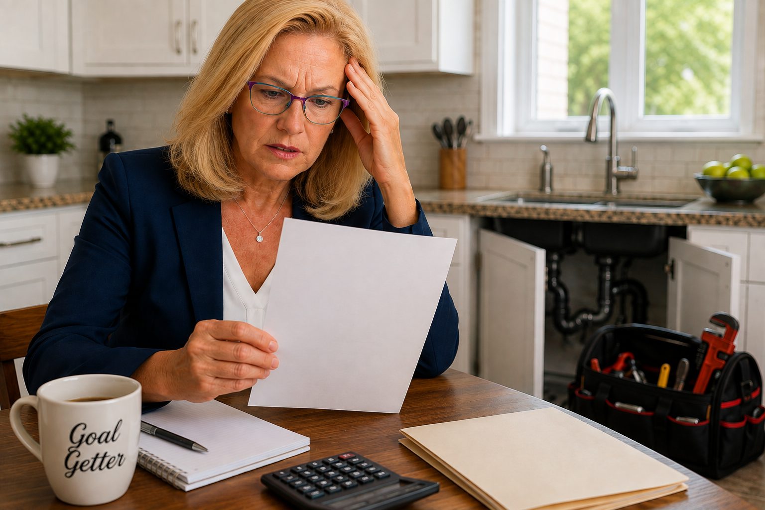 Homeowner reviewing a contractor bill after an unexpected home repair expense.