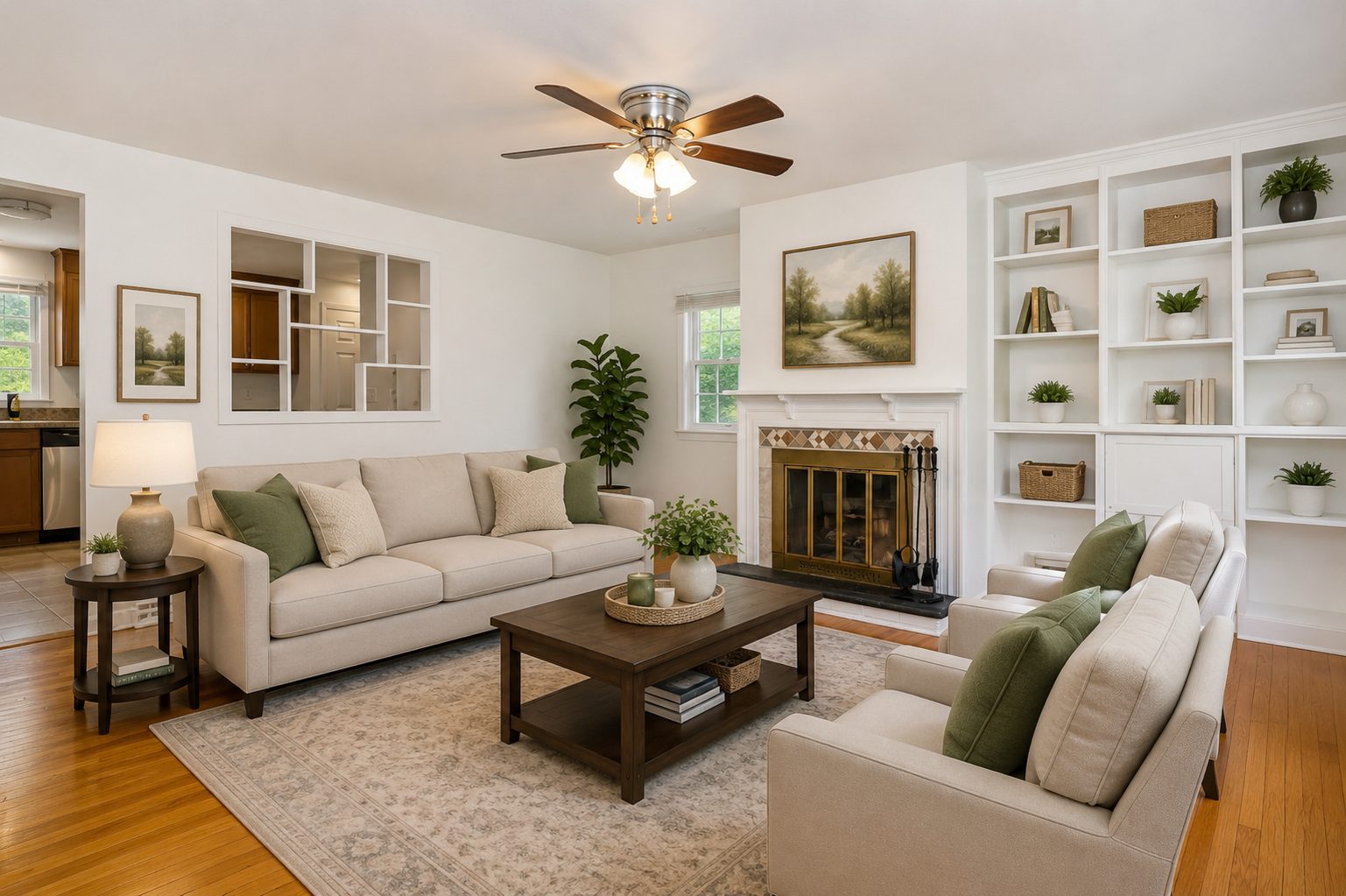 Living room at 86 Crest Avenue in East Haven CT featuring a fireplace, built-in shelving and hardwood floors.