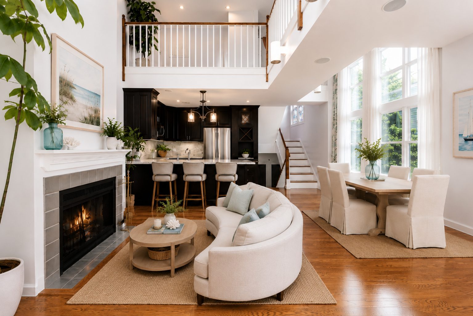 Bright open living and dining area in a waterfront townhouse condo at 229 Front Street in New Haven, Connecticut.