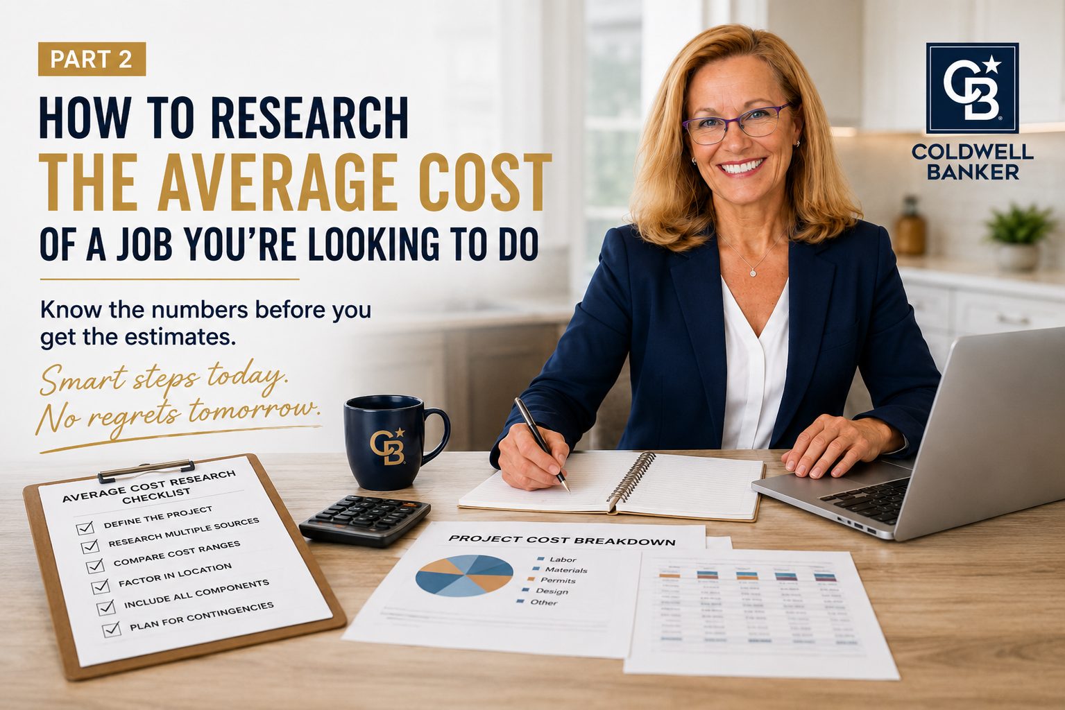 Real estate professional reviewing home improvement project costs with a calculator, laptop, and project cost checklist.