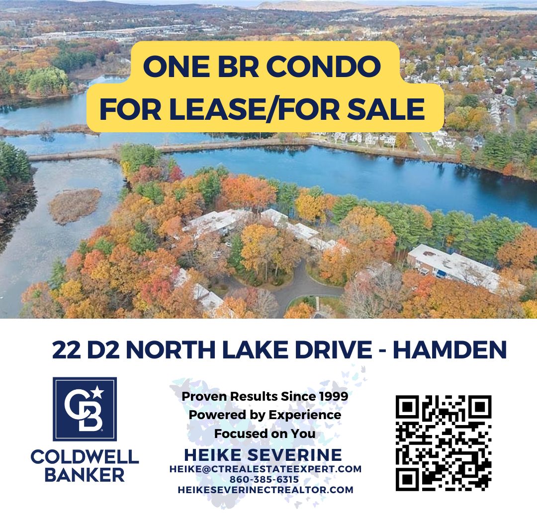 Aerial view of North Lake and Lake Whitney featuring a one-bedroom condo for sale or lease at 22 N. Lake Drive, Unit D2, Hamden, CT.
