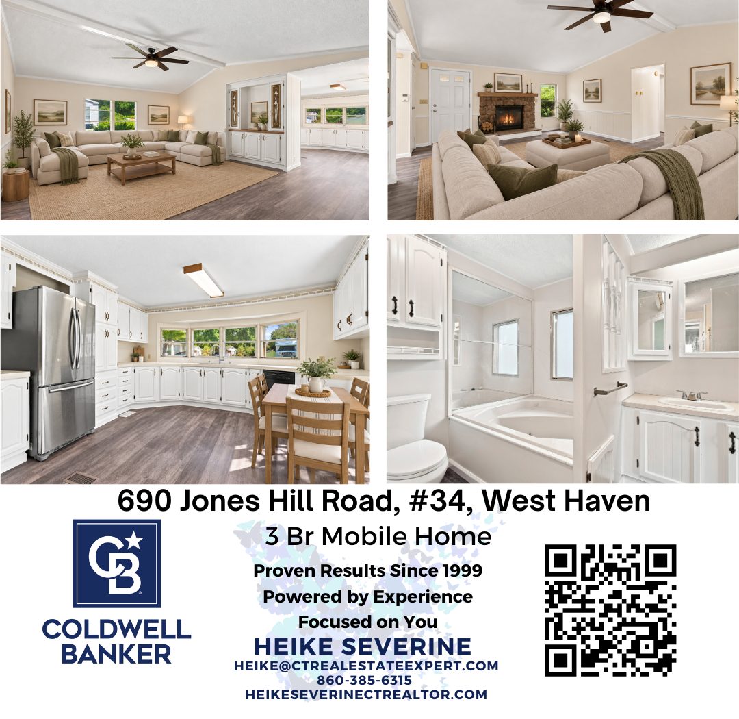 3-bedroom mobile home at 690 Jones Hill Road Unit 34 in West Haven CT featuring living room, fireplace, eat-in kitchen and bathroom